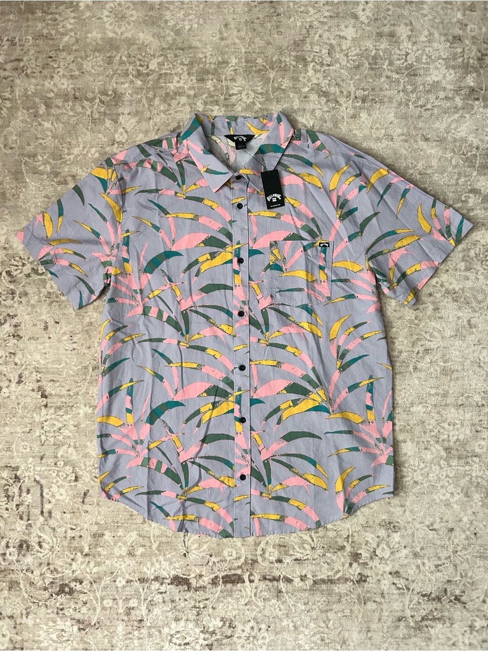 Billabong Lavender Short Sleeve Button-Down with Pink, Yellow & Green Leaf Print